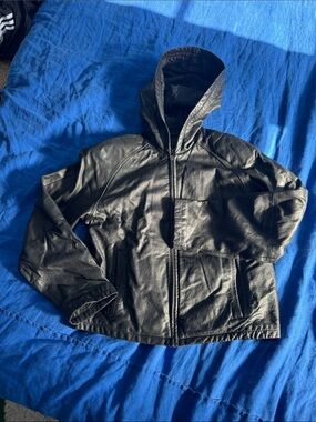Wilsons Leather Black Hooded Leather Jacket with Zipper Pockets